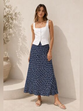 Ralph Lauren Vintage Navy Blue Printed Maxi Skirt